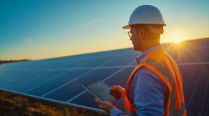 ai generated, renewable energy, solar panels, green tech, engineer, sustainability, solar farm, clean energy, technician, climate change solution, solar energy, outdoor workspace, industrial facility, sustainable technology, energy security, control panel, solar technology, outdoor work environment, industrial production, outdoor activities, technology maintenance