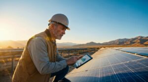 ai generated, renewable energy, solar panels, green tech, nature, engineer, sustainability, solar farm, clean energy, technician, climate protection, outdoor office, climate solution, energy technology, modern solution, work environment, renewable science, technological advancement, professional, solar technology, energy innovation, sun