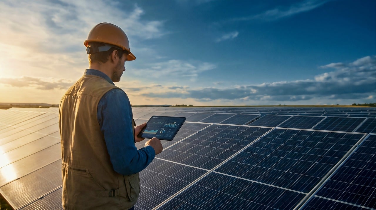 ai generated, renewable energy, solar panels, green tech, engineer, sustainability, solar farm, clean energy, technician, climate change solution, solar energy, outdoor workspace, blue sky, energy industry, performance monitoring, nature, sun, technology expert, eco solution, renewable energy technology