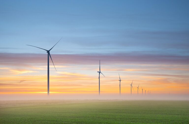 wind energy, wind turbines, windmills, renewable energy, fog, nature, sunrise, meadows, netherlands, landscape