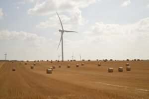 wind turbine, harvest, bundles, agriculture, nature, straw, to harvest, wheat, sky, cloudy
