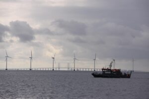 the sound, sea, water, offshore wind turbines, clouds, sky, nature, denmark, boat, silhouette, wind turbines, energy