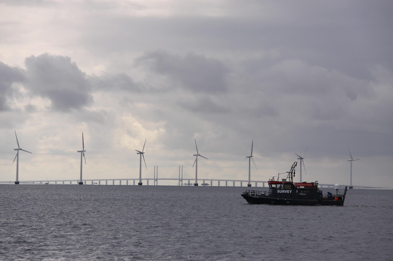 the sound, sea, water, offshore wind turbines, clouds, sky, nature, denmark, boat, silhouette, wind turbines, energy