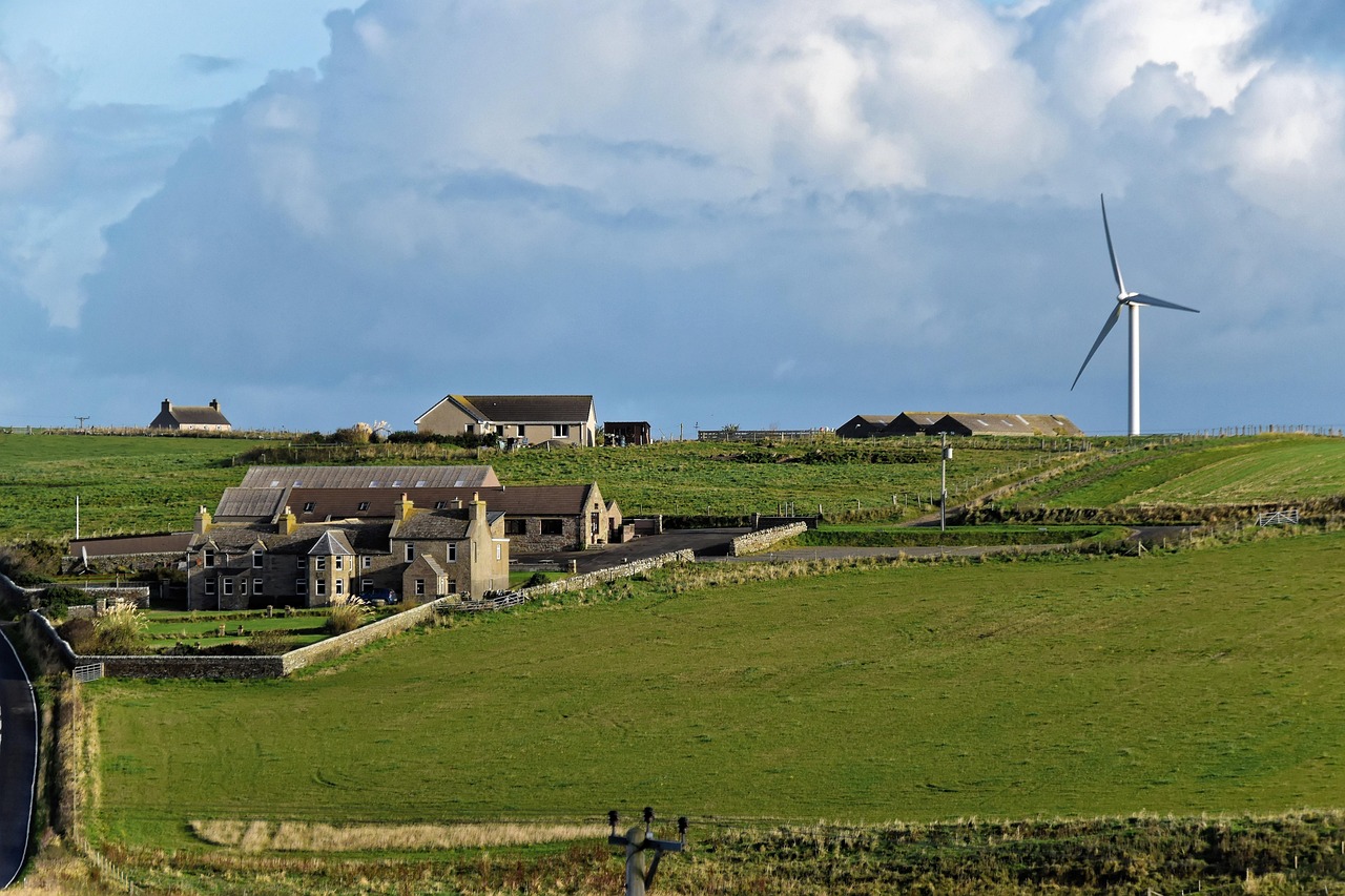 wind turbine, energy, wind, turbine, environment, sky, renewable, alternative, electricity, farm, scenic, farmland, clouds, houses, green fields, nature, landscape, field, green, blue, countryside, country, land, rural, agriculture, blue sky, outdoor, scene, farm landscape, farm field, scenery, orkney, scotland, northern isle, autumn