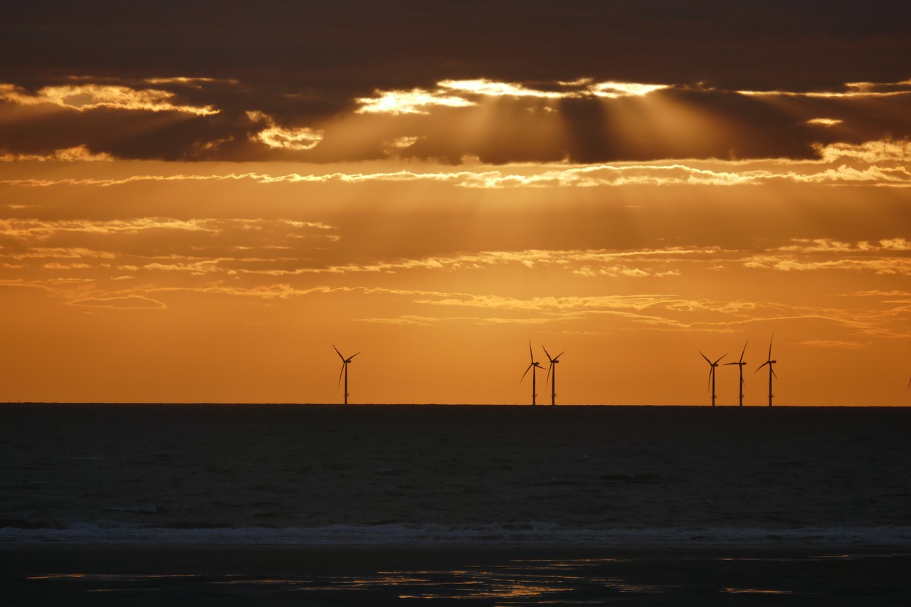 wind power, offshore, coast, wind turbines, windräder, borkum, north sea, nature, clouds, abendstimmung, sea
