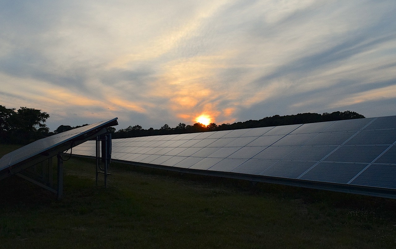 solar panels, sunset, sky, clouds, solar, energy, power, photovoltaic, ecology, panel, renewable, industry, technology, sun, environmental, alternative, nature, future, clean, sunlight