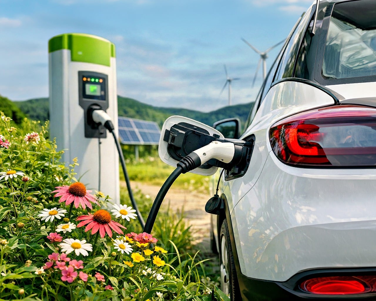 electric car, ev, load, renewable energy, green energy, solar panels, wind turbines, durability, environmentally friendly, nature, flowers, automotive, flower background, transportation, technology, environment, beautiful flowers, future, clean energy, outdoor, charging station, flower wallpaper, modern, ai generated