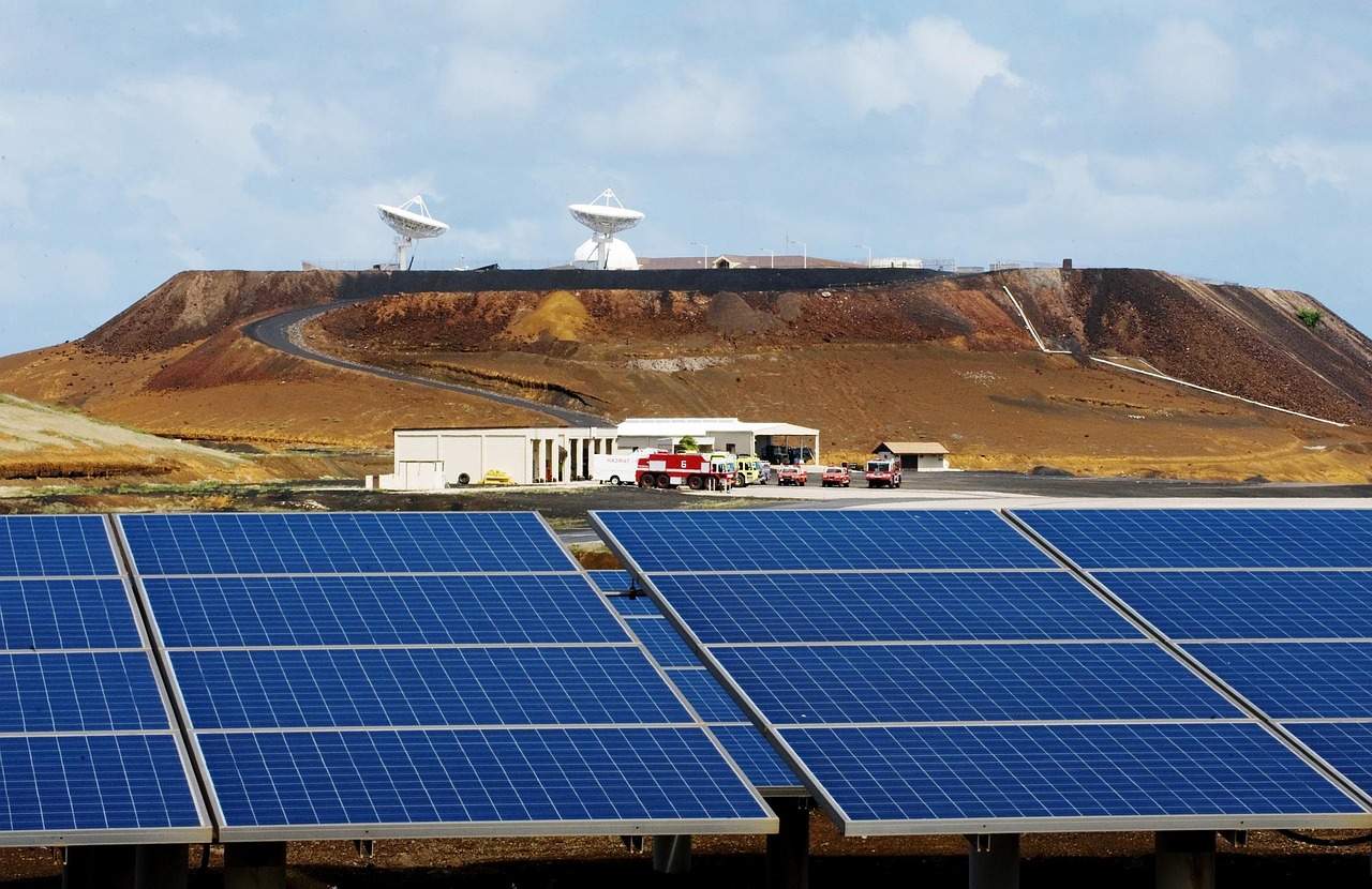 ascension island, solar panels, sky, clouds, ecology, landscape, power, electric, nature, energy, environmentally friendly, blue energy, blue power, blue island