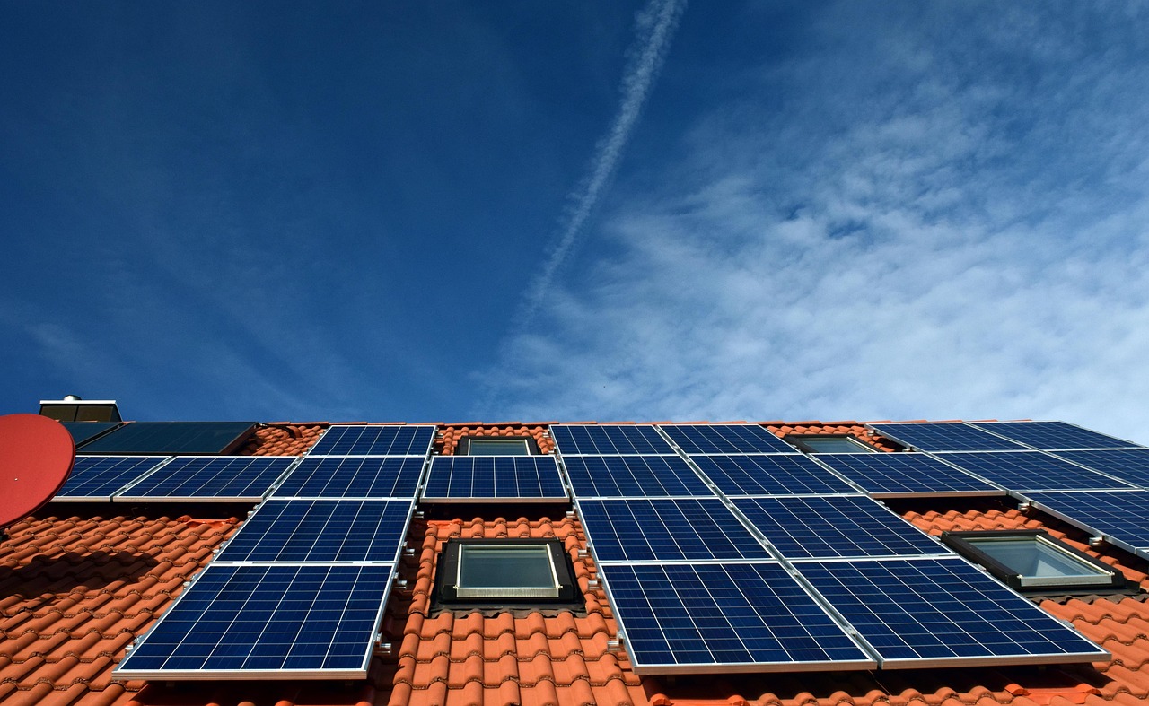 solar system, roof, power generation, solar power, solar cells, nature, energy, electricity, house, solar energy, solar panel, energy transition, blue, renewable, housetop, technology, environmentally friendly, electricity generation, heaven, clouds, sun, roof tiles, roof panels