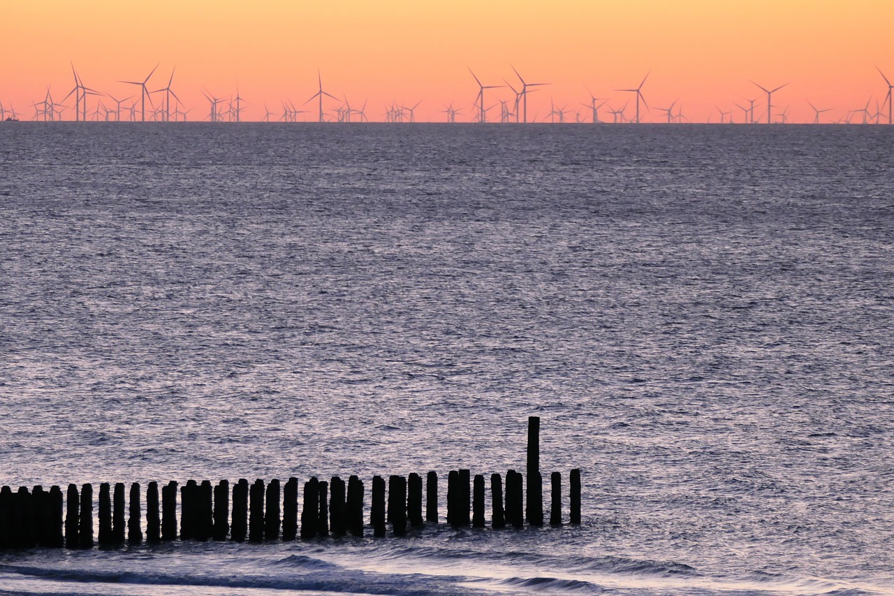 sunset, nature, sea, wind power, wind, waves, water, north sea, power, sun, energy, renewable, wind farm, storage, beach