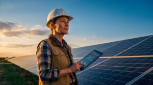 ai generated, solar panels, renewable energy, solar farm, clean energy tech, energy sustainability, future tech, technical planning, performance monitoring, expert, climate solution, outdoor workspace, engineer, sustainability, sunset, nature, engineering, touchscreen, energy analysis, safety helmet, modern technology
