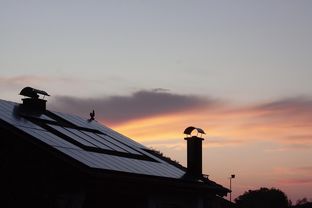 sunrise, house, heaven, clouds, nature, roof, chimney, solar cells, architecture, building