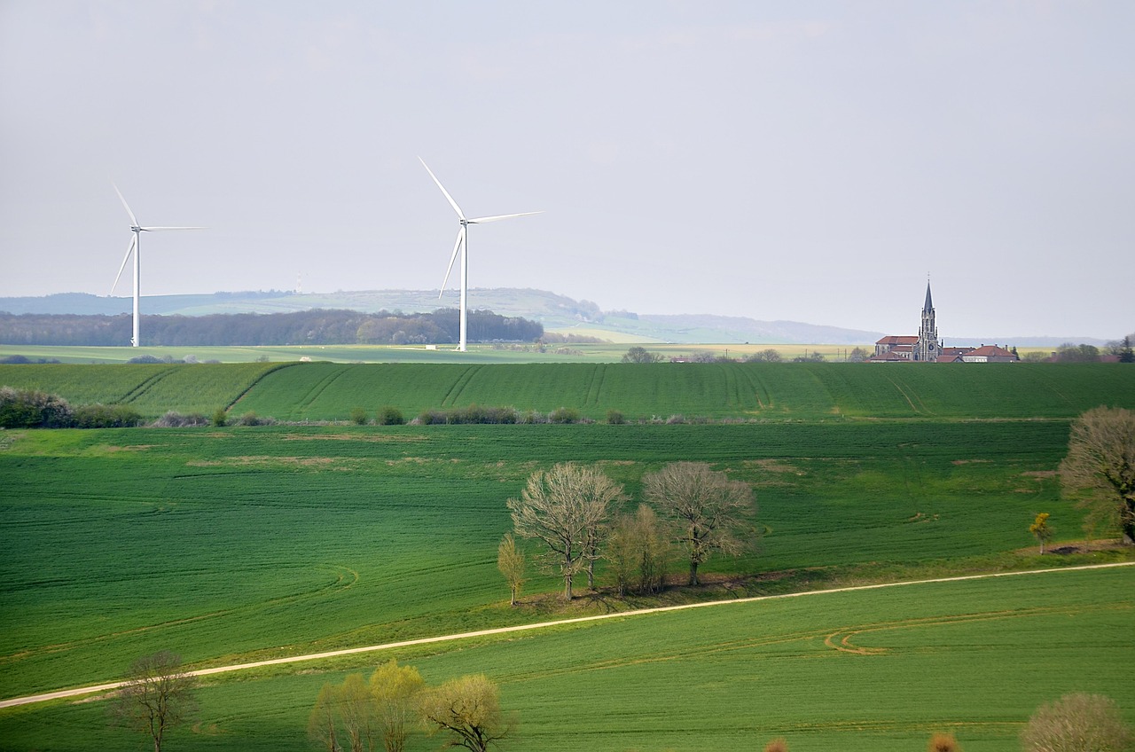 sustainable development, landscape, environment, sky, green, lorraine, countryside, greenery, nature, france, town, wind turbine, high tech, clean electricity, energy, wind, technology, resources, helix