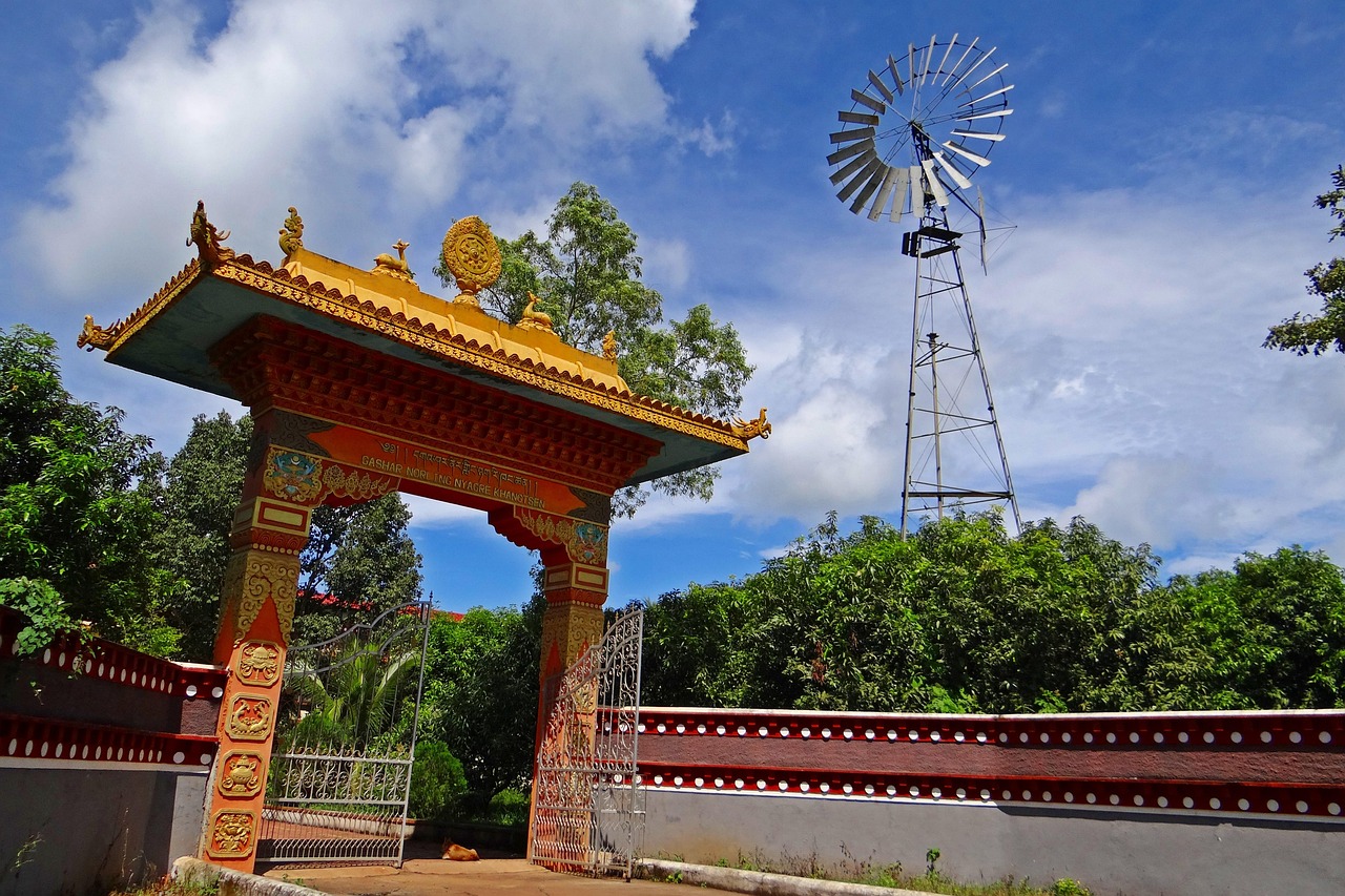tibetan settlement, gate, wind mill, mundgod, india, monks, buddha, karnataka, mini tibet, buddha purnima, monastery, religious, buddhism