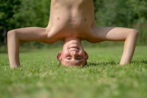 boy, game, child, standing on your head, luck, summer, exercises, gymnastics, childhood, carefree, nature, holiday, joy