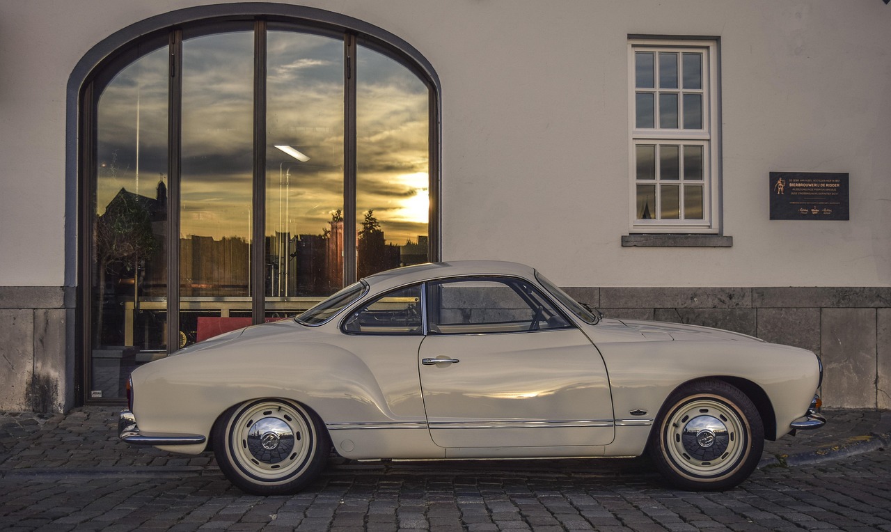 automobile, building, city, road, vehicle, architecture, antique car, vw karmann-ghia type 14, car wallpapers, vw, karmann ghia, car, old, nostalgia, glittering, reflection, eve, dusk