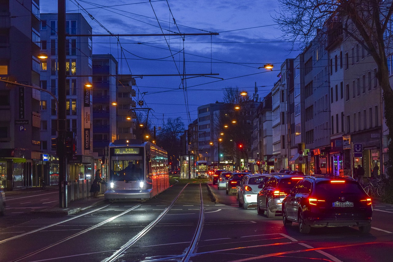road, eve, city, nature, building, night, lighting, traffic, urban, light, sunset, dusseldorf, rail, tram, car wallpapers, car, cars, evening sky, dusk, evening atmosphere, mood