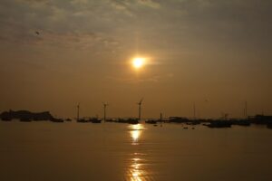 windmill, nature, ocean, sunset, sky, outdoors, wind generator, solar