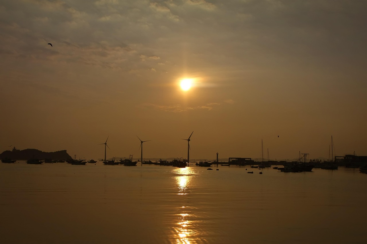 windmill, nature, ocean, sunset, sky, outdoors, wind generator, solar
