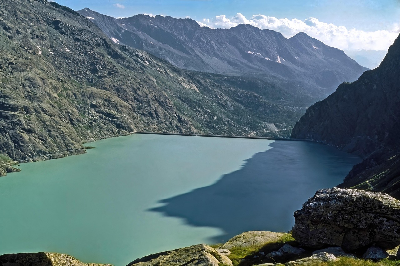 mountain, dam, reservoir, hydraulic engineering, artificial basin, the needle, water, alpine dam, barrage, nature, hydroelectric power plant, renewable energy, clean energy, point of view, panorama