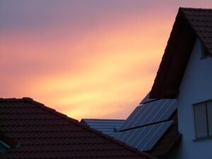 gable, solar cells, house, roof, sunset, afterglow, technology, nature, housing estate