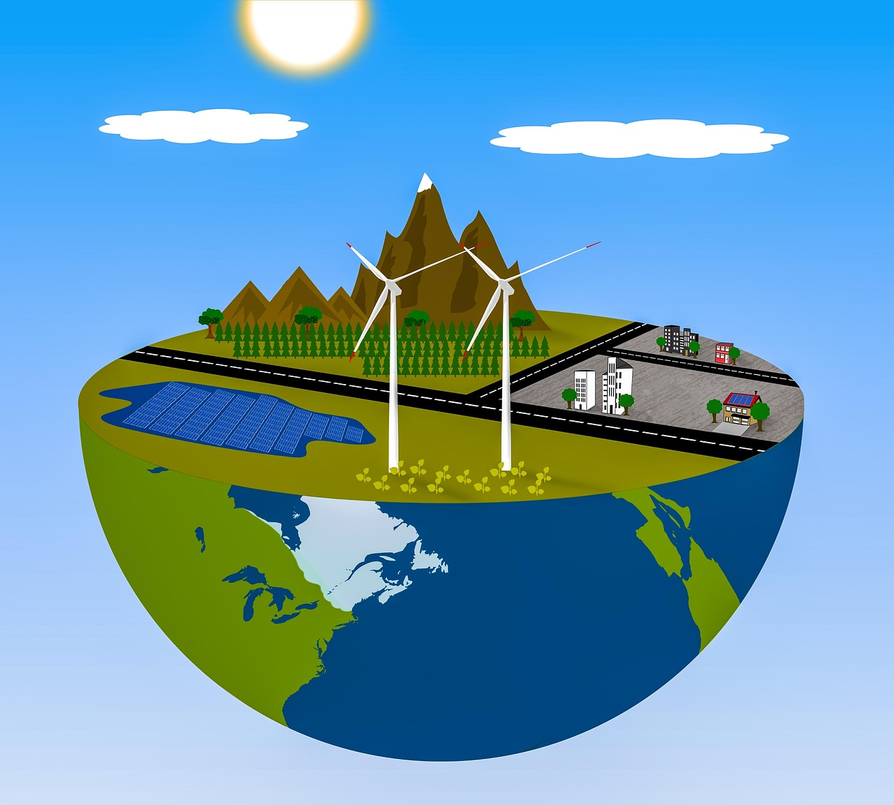 globe, earth, farm, wind turbine, nature, solar panels, city, streets, renewal energy, mountains