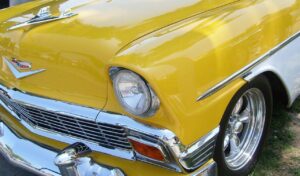 chevrolet, 1956 chevrolet, chevy, 1956 chevy, automobile, car, car wallpapers, headlights, front grill, hood ornament, yellow chevrolet, yellow chevy, classic car