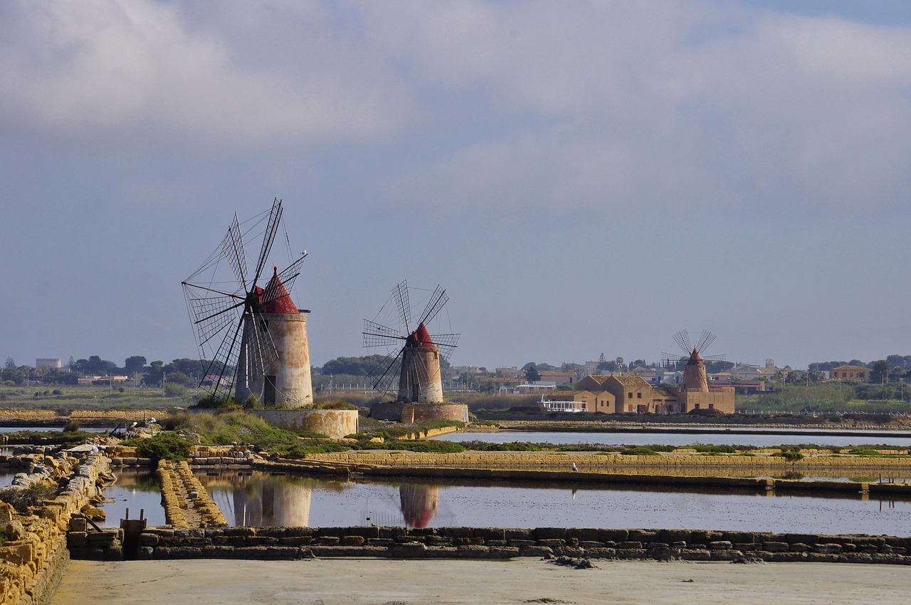 mill, saline, sicily, marsala, water, nature, wind