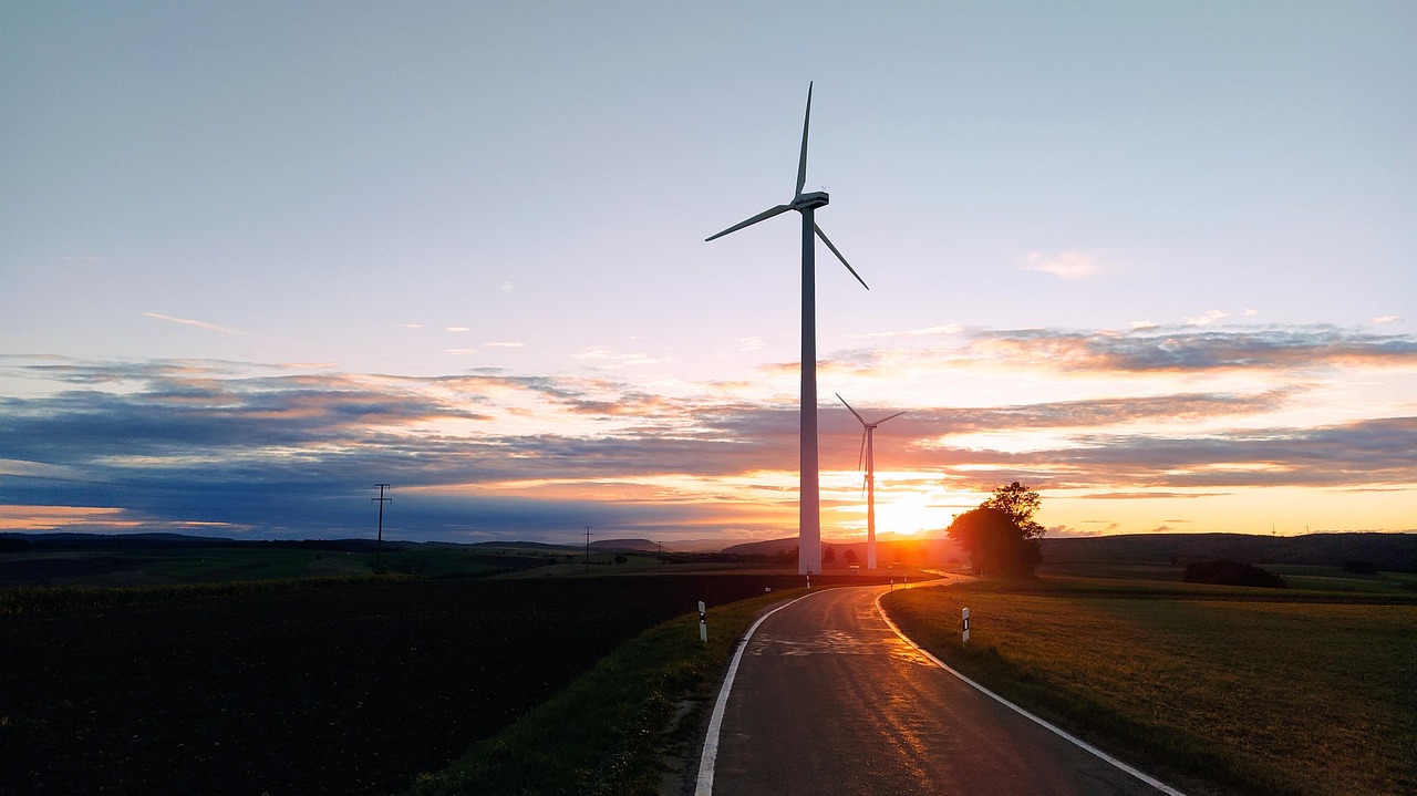 windmill, road, sunset, wind power, wind energy, wind turbine, power generation, generator, environment, roadway, nature, pavement, route, way, sunrise, dawn, dusk
