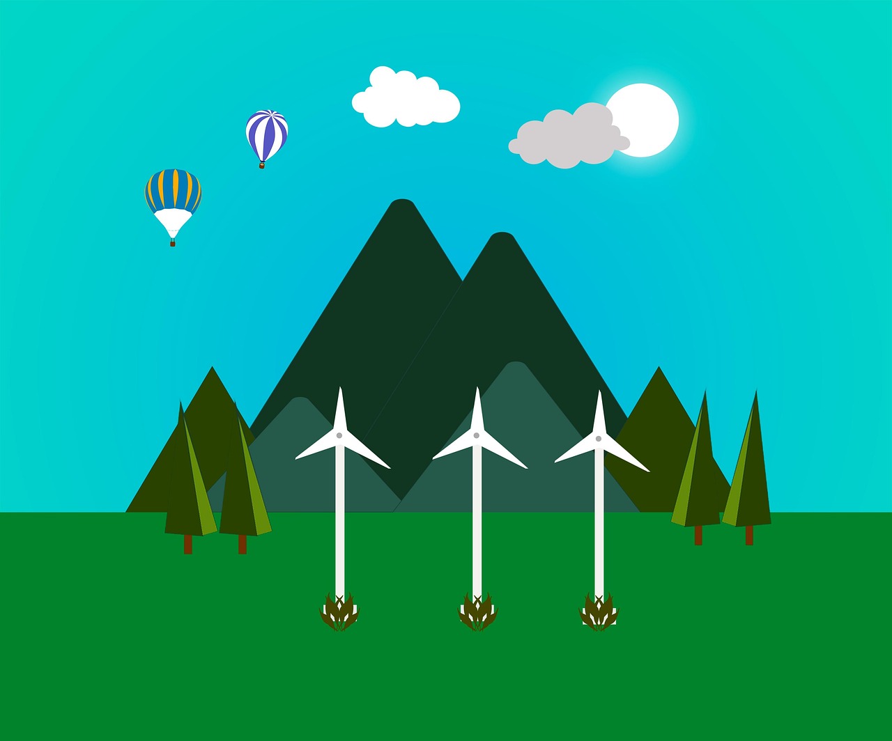 hd wallpapers, wind energy, pine trees, mountains, nature, eco-friendly, solar energy, hot air balloons, clouds, pollution