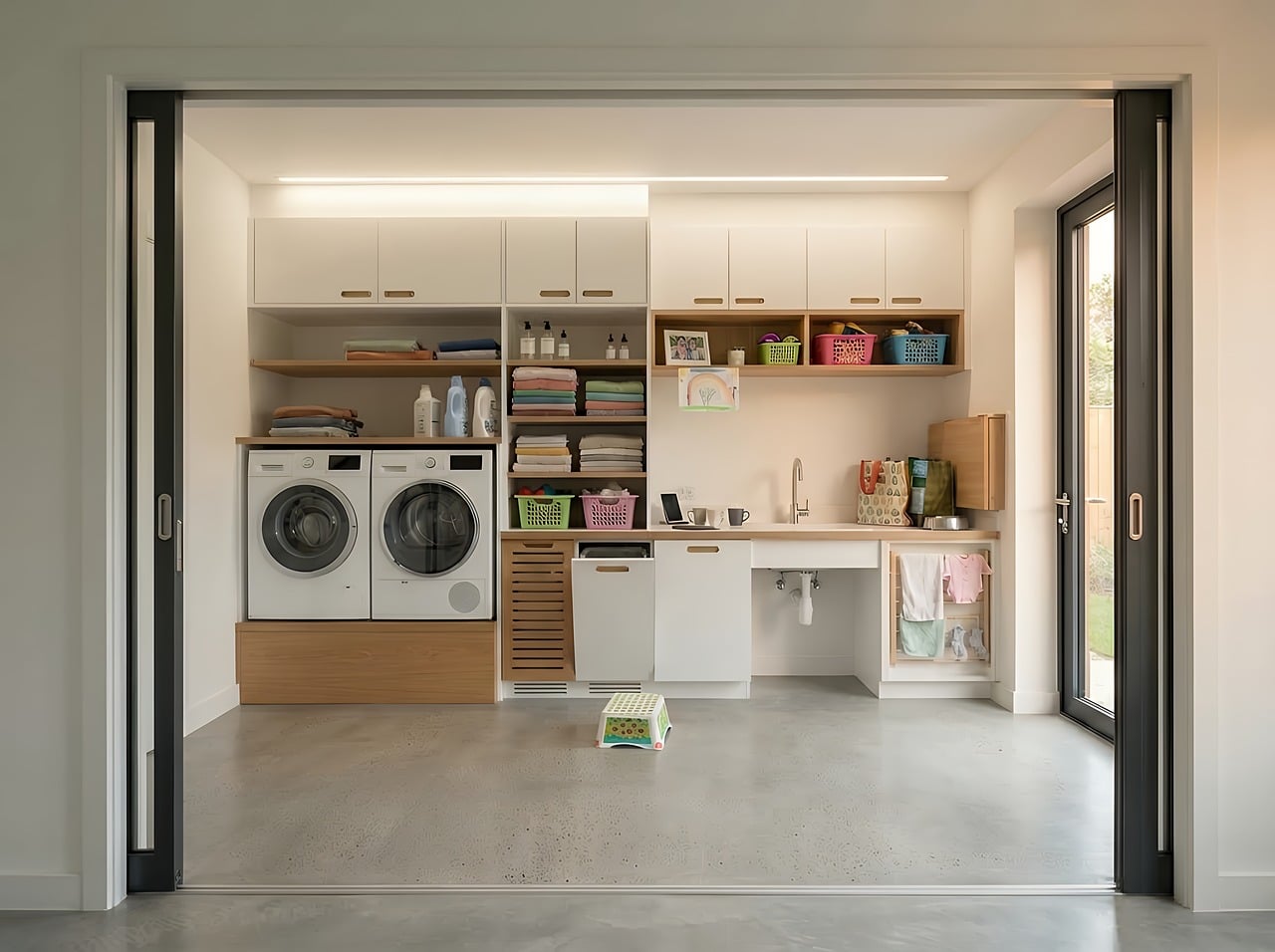 laundry room, modern living, organization solution, home appliances, built-in cabinets, tidy space, lit area, modern interior, concrete floor, workspace, sliding doors, light colors, storage baskets, noble materials, home organization, built-in shelves, functional layout, practical decor