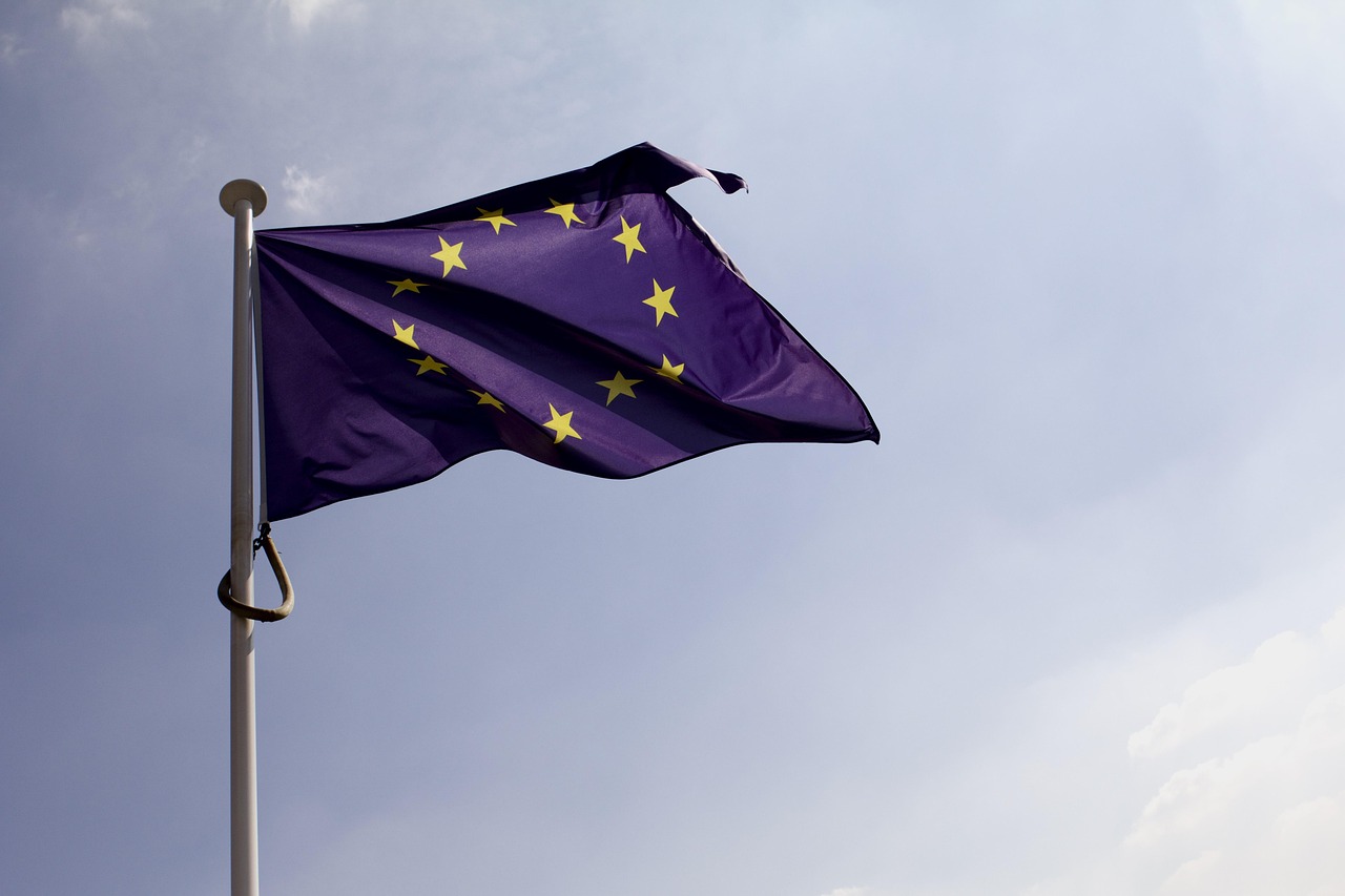 blue, blue sky, european flag, flag, wind