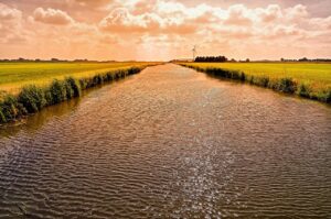 channel, sunlight, wind mill, nature, pasture, sparkle, water