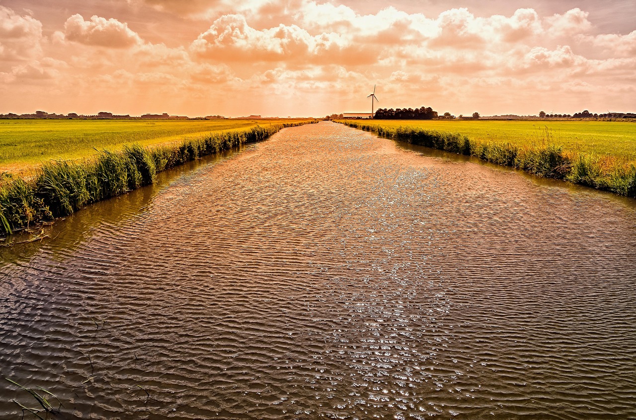 channel, sunlight, wind mill, nature, pasture, sparkle, water