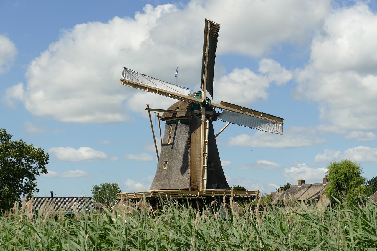 mill, wind mill, architecture, grind, history, holland, netherlands, orphan, landscape, air, cloud, reed, rietdekken